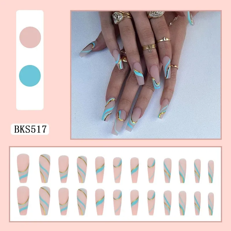 2024 Summer Flower Design False Chiodi Full Cover Copertura artificiali unghie con colla la manicure di paragrafo lungo sulla scatola di imballaggio unghie - l'estate