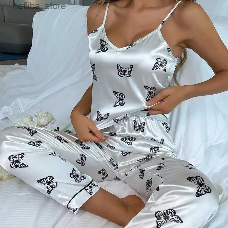 Sexy Pyjama y Nachtwäsche Frauen Pyjama 2 -teilige Set Pyjamas Sommer dünne Seidensatin -Cami -Tops und Hosen Nachtwäsche Home Kleidung Pijama L410