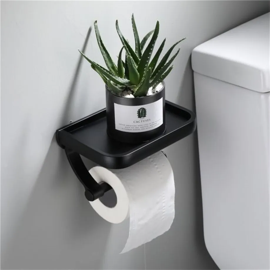 Wall Mounted Black Toilet Paper Holder Tissue Paper Holder Roll Holder With Phone Storage Shelf Bathroom Accessories200T