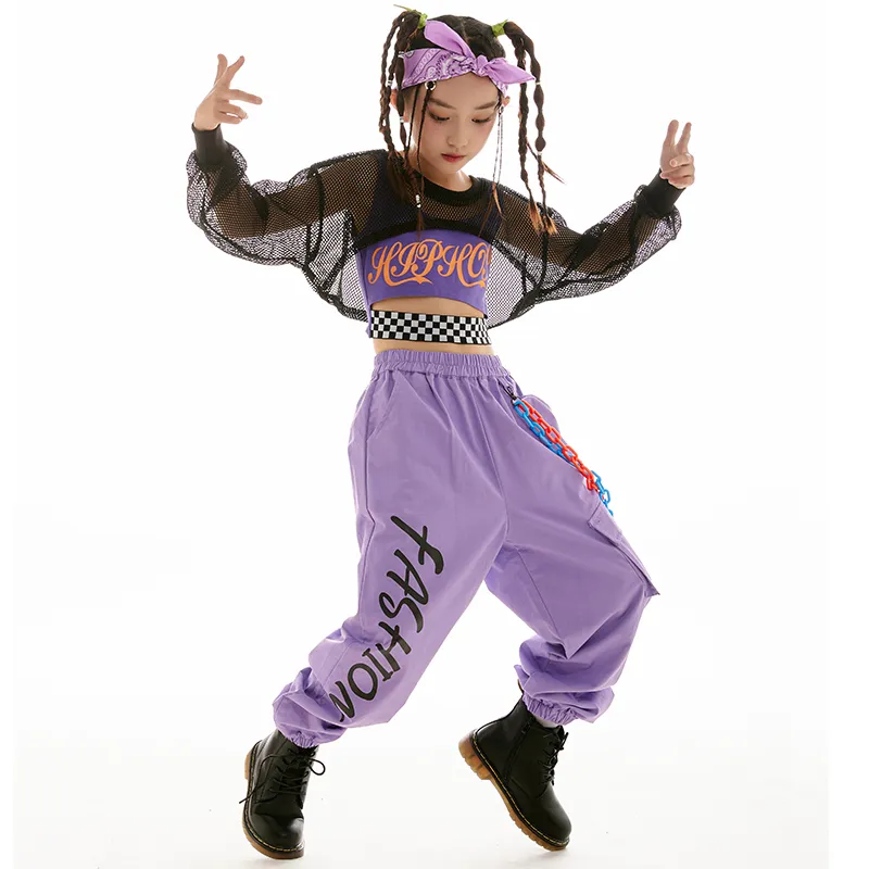 Girls Jazz Ballroom Dance Costume: Purple Cargo Pants with Black