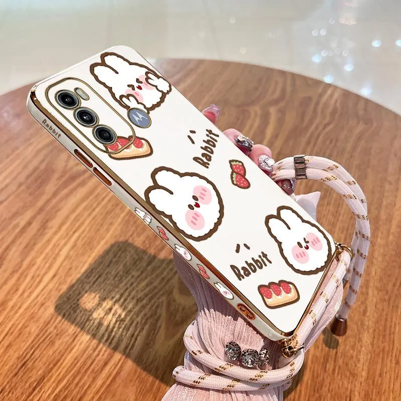 Rabbit Strawberry Lanyard Plating Phone Case For Motorola Moto G60 G50 ...