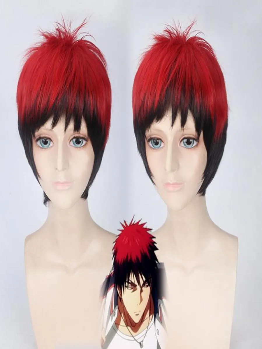Kuroko ingen basketkagami taiga cosplay wig röd svart ombre peruker för män halloween kostym karneval hår2193164