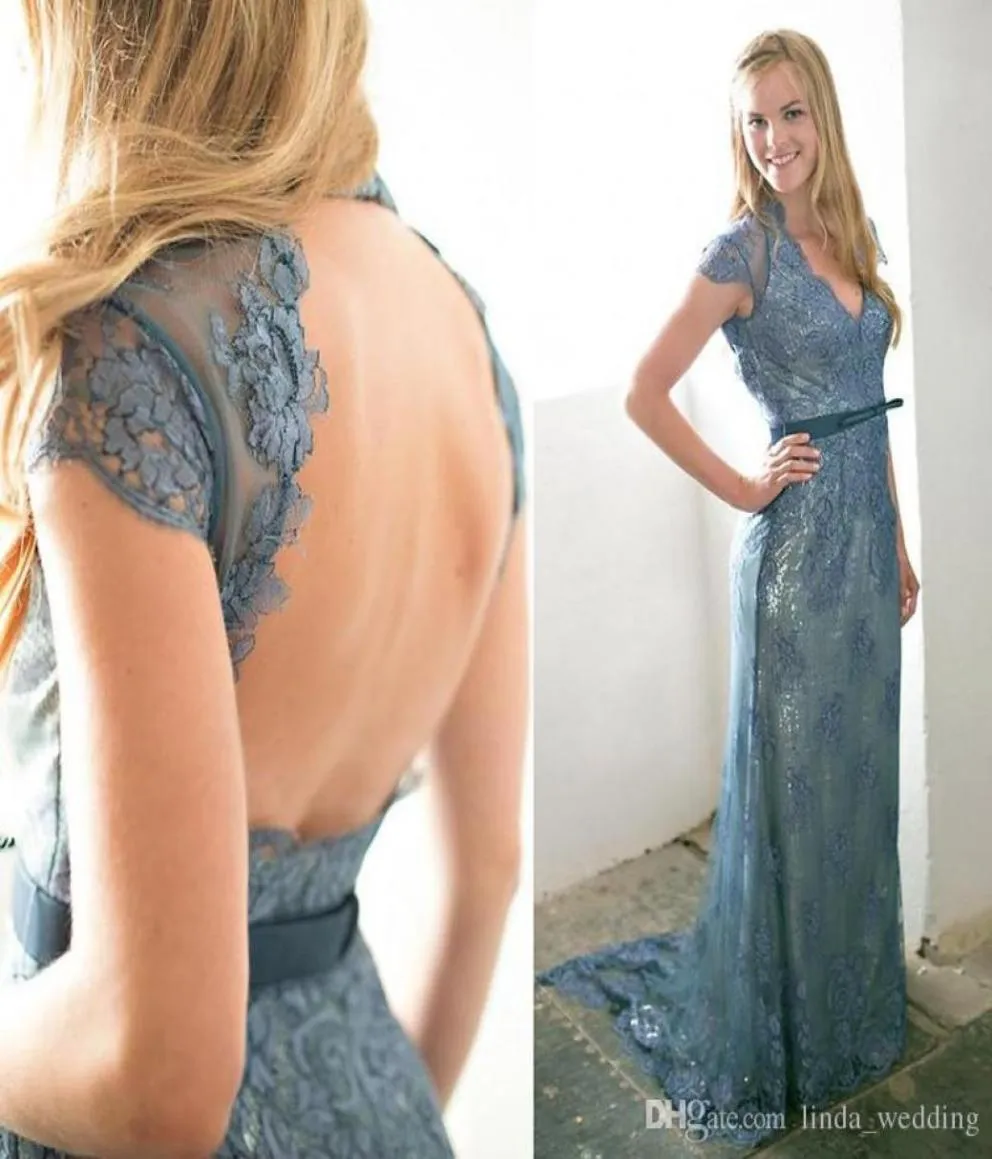 2019 Goedkope elegante stoffige blauw lange bruidsmeisje jurk backless kanten formeel bescheiden bruidsmeisje jurk plus maat op maat gemaakte3217245