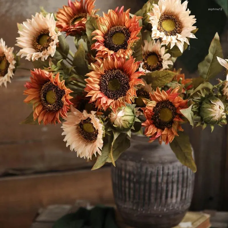 Fleurs décoratives 3-tampes rétro automne et colorant ornemental fleur de fleur de fleur table à manger ornements floraux faux artificiels
