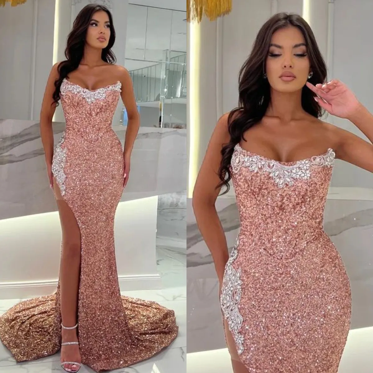 Coral Pink Sequins Sirène Prom Robe perle Binet Brotte Svenant Élégant côté Split Robes formelles sans dos pour les femmes