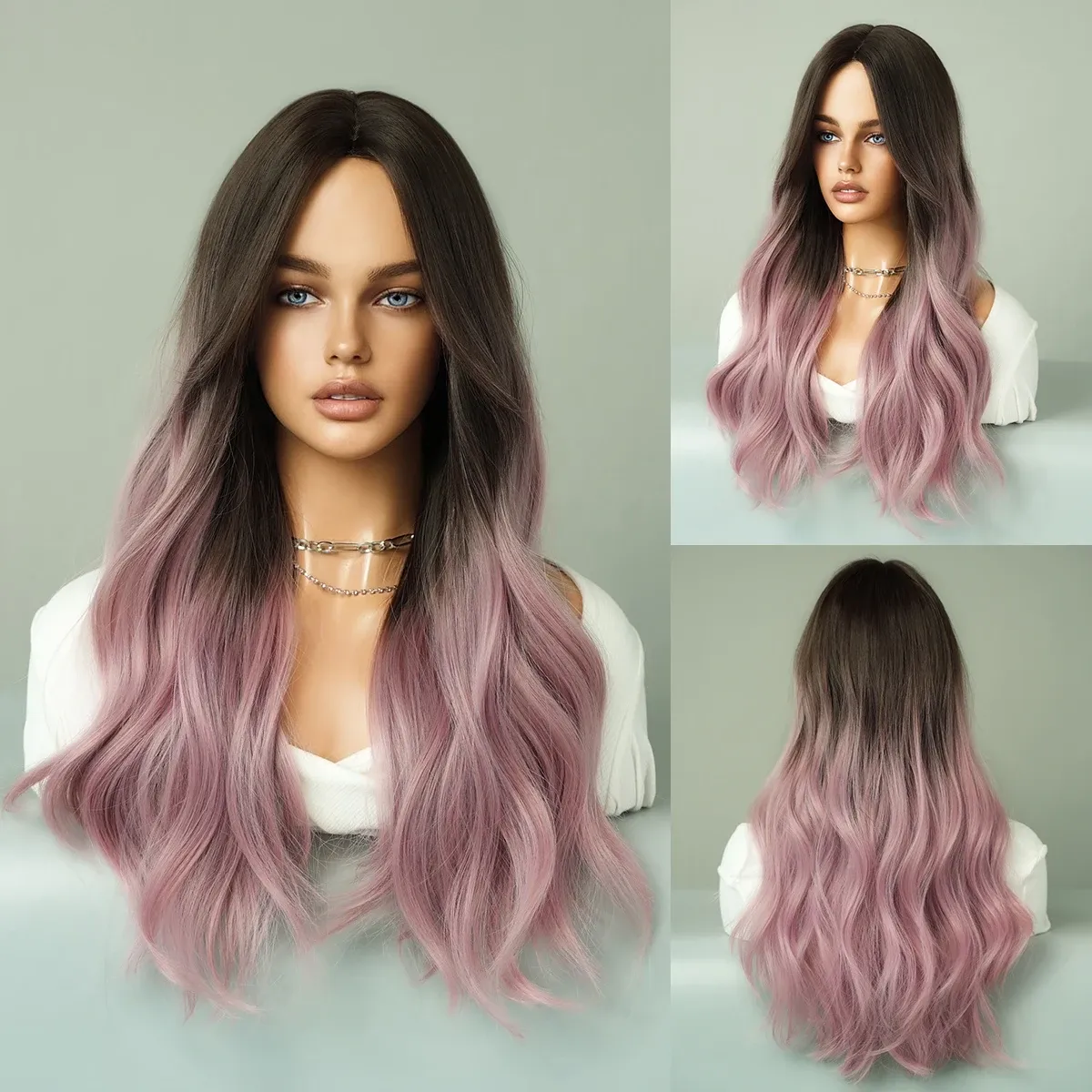 PARK YUN Long Wavy Middle Part Dark Brown Ombre Purple Wig 