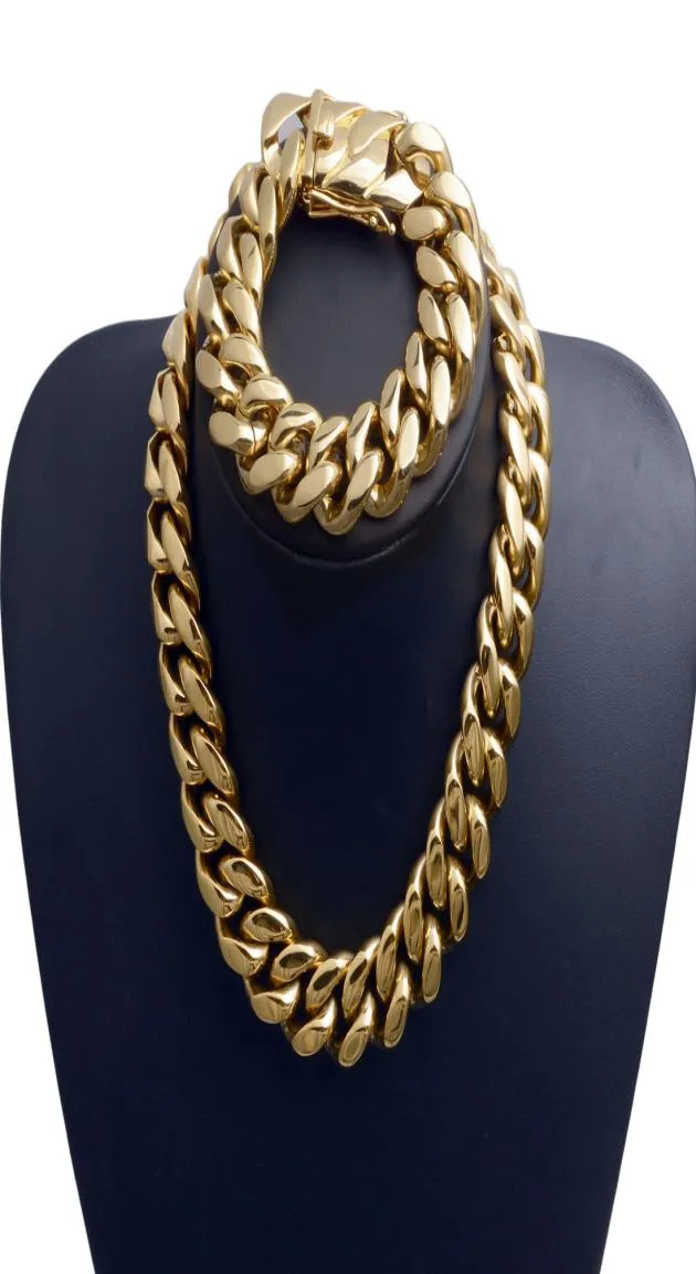 22 mm przesadzony nadrzędny mężczyźni Cuban Link Sain Zestaw Hip Hop Stal nierdzewna Stal Choker Naszyjka Bransoletka 18K Gold Stated 16Q1273749