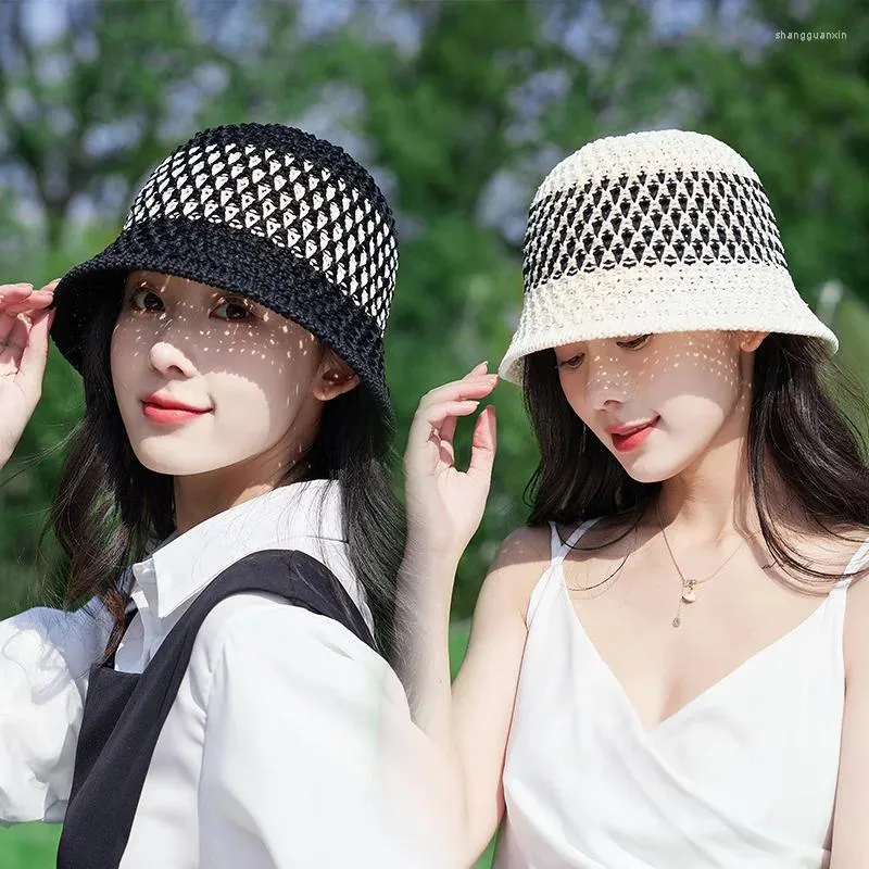 Boinas de malha de malha clipe de papel oco de papel de sol fria de tigela fria para feminino de protetor solar coreano de verão