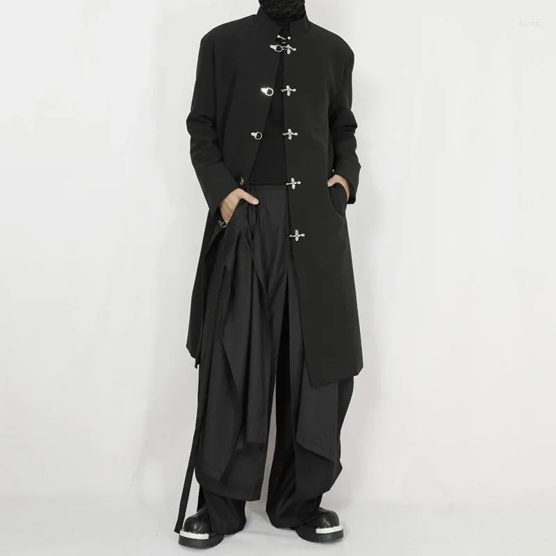 Мужские траншевые пальто оригинальные ветряные длина колена с длина колена на китайском виде металлическая пряжка с трендом куртки.