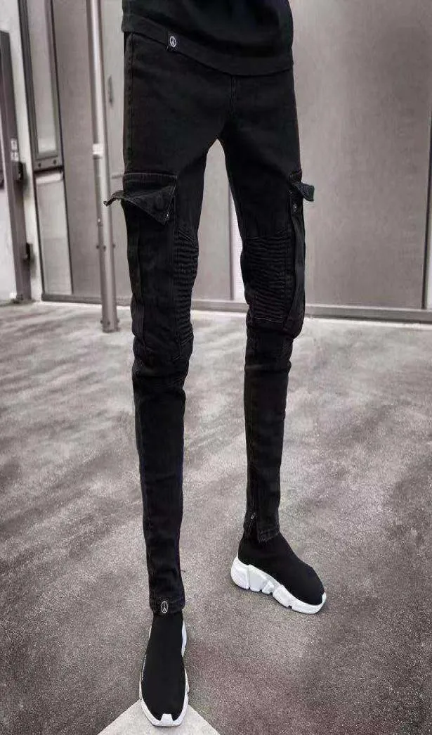 Hommes skinny jeans multipocket mince pantalon crayon 2021 Black Nouveau salopette mâle Street hiphop moto vélo vêtements jeans x06217825239
