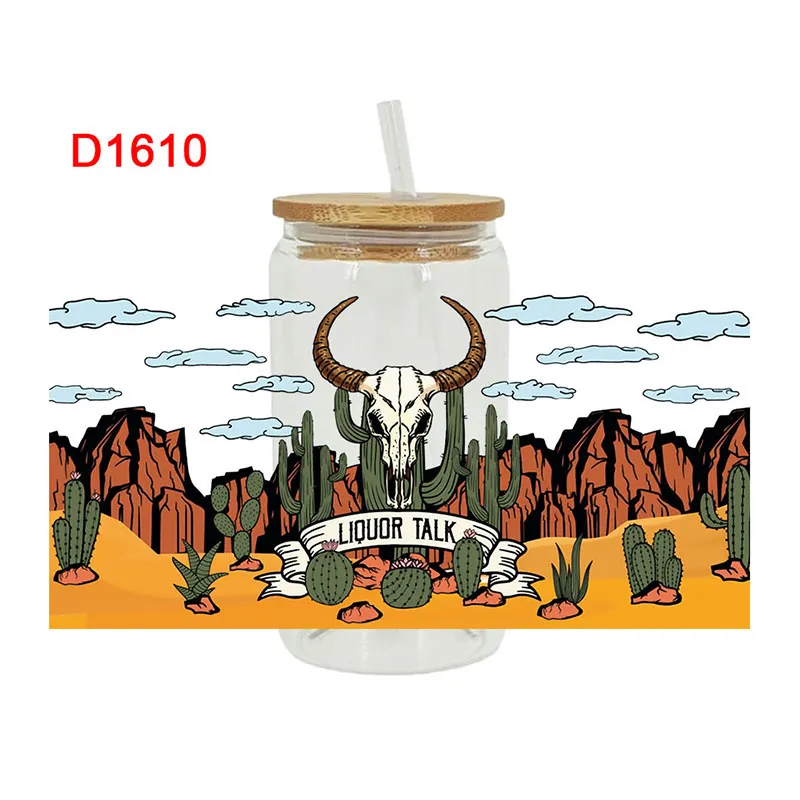 UV -DTF -Kühe, Fisch, Hirschübertragung Happy Saft Printed Sticker für die 16oz Libbey -Brille Wraps Flaschen Tasse D1569