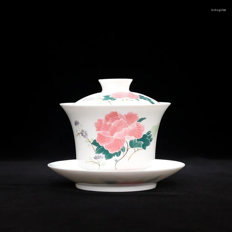 Cups Saucers State Owned Factory Under Glaze Hand beschilderde katoenen Rose Bloem Cover Bowl thee Cup 7501 Porselein