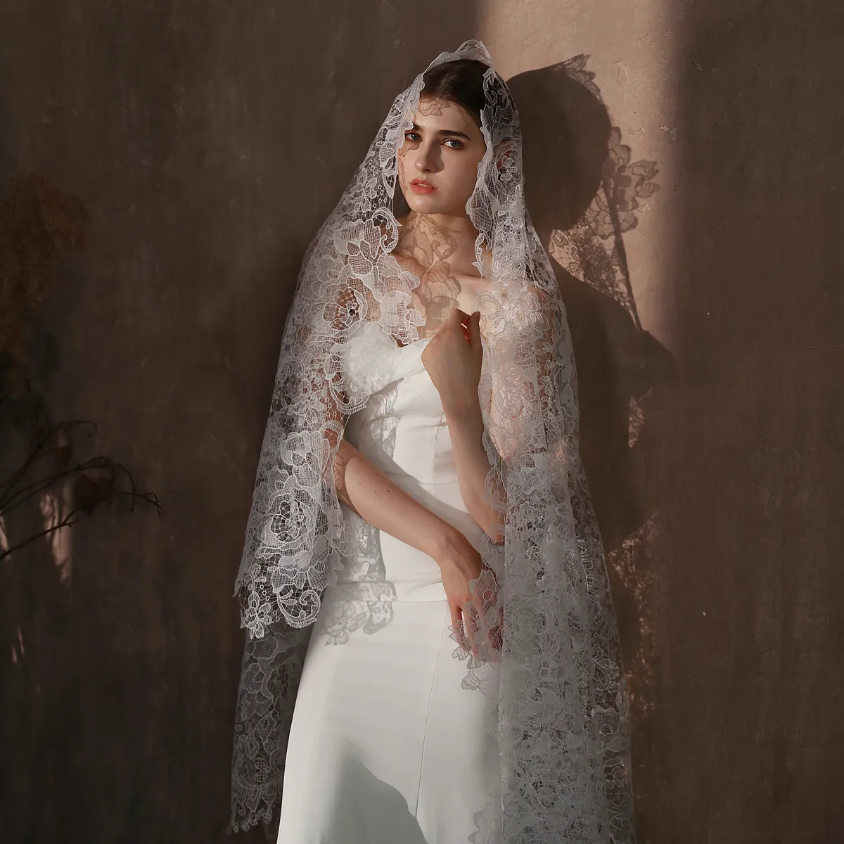 3D Floral Wedding Veil: Handmade Nylon Fingertip Veil Bridal Bride Fingertip Veil with 3D Floral Ribbon Embellishment | Valeria main image 4