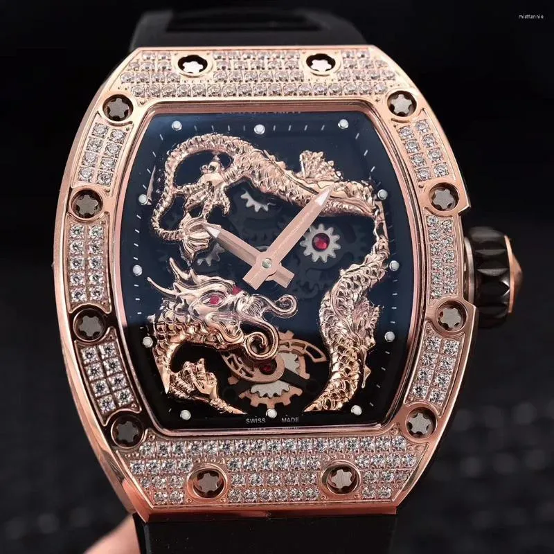 Orologi da polso maschi di gomma nera di lusso Drago meccanico Drago Phoenix Diamond TourBillion Watch Sport Orologi