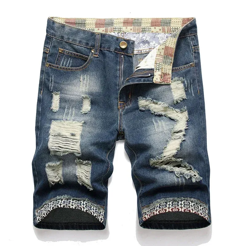Denim Shorts Jeans for Men Summer Ragged Fashion Versatile Perforated Edges Perforated Hole Ripped Jeans Pants Plus Size 40 240412