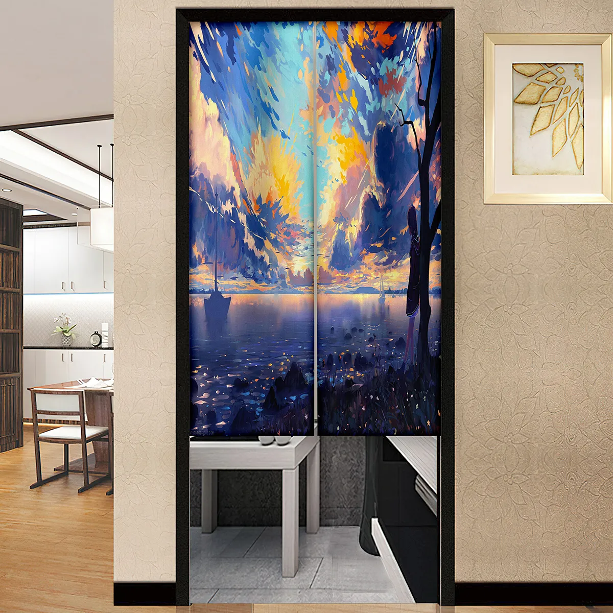 Child River Fantasy Art Print Porte Curtain chinois Panneau de style japonais Curtains de porte d'entrée WC Noren suspendu à moitié-durport