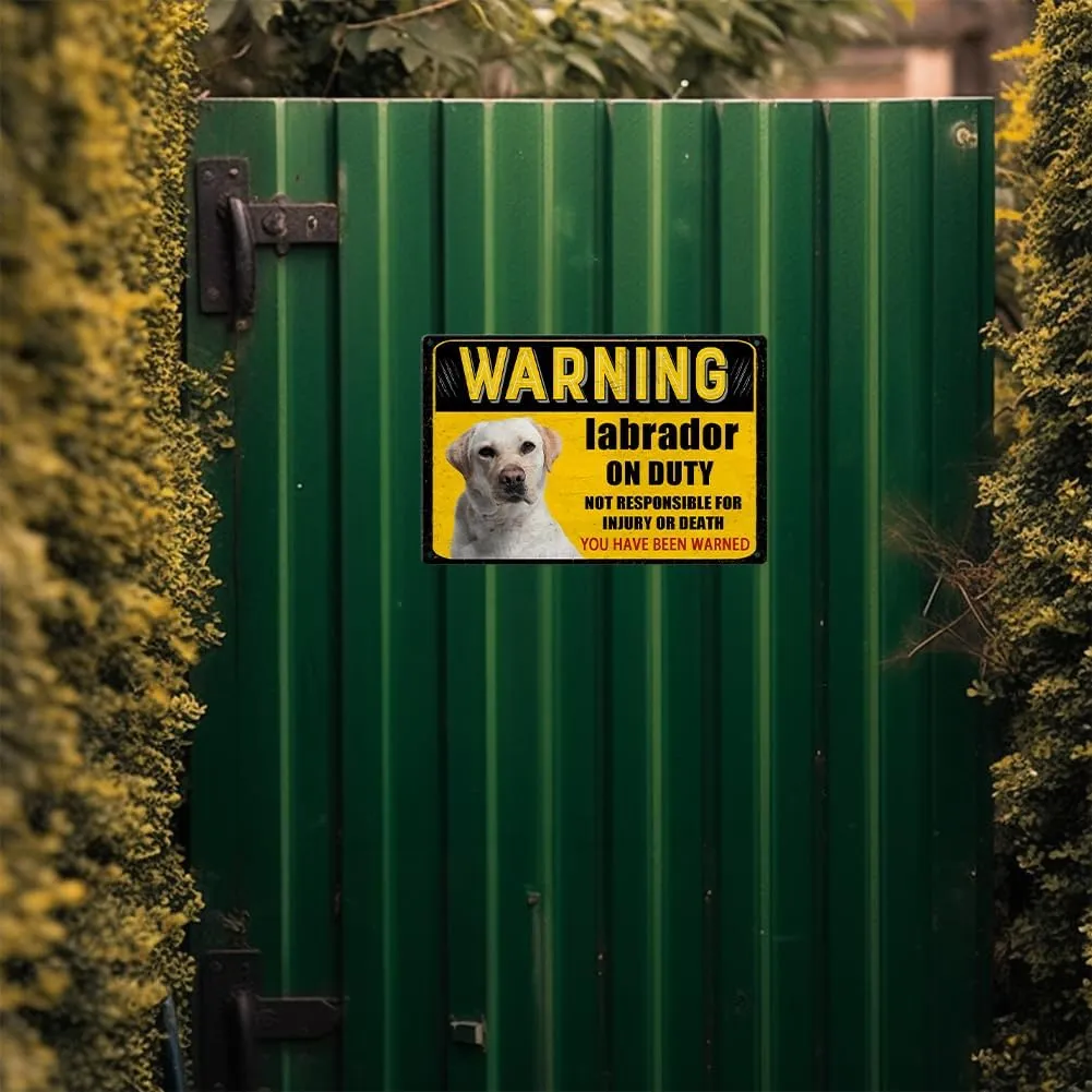 Beware Of Dog Signs For Fence, 8x12 In Vintage Metal Sign Funny Dog Warning Signs For Yard, Labrador Dog On Duty Tin