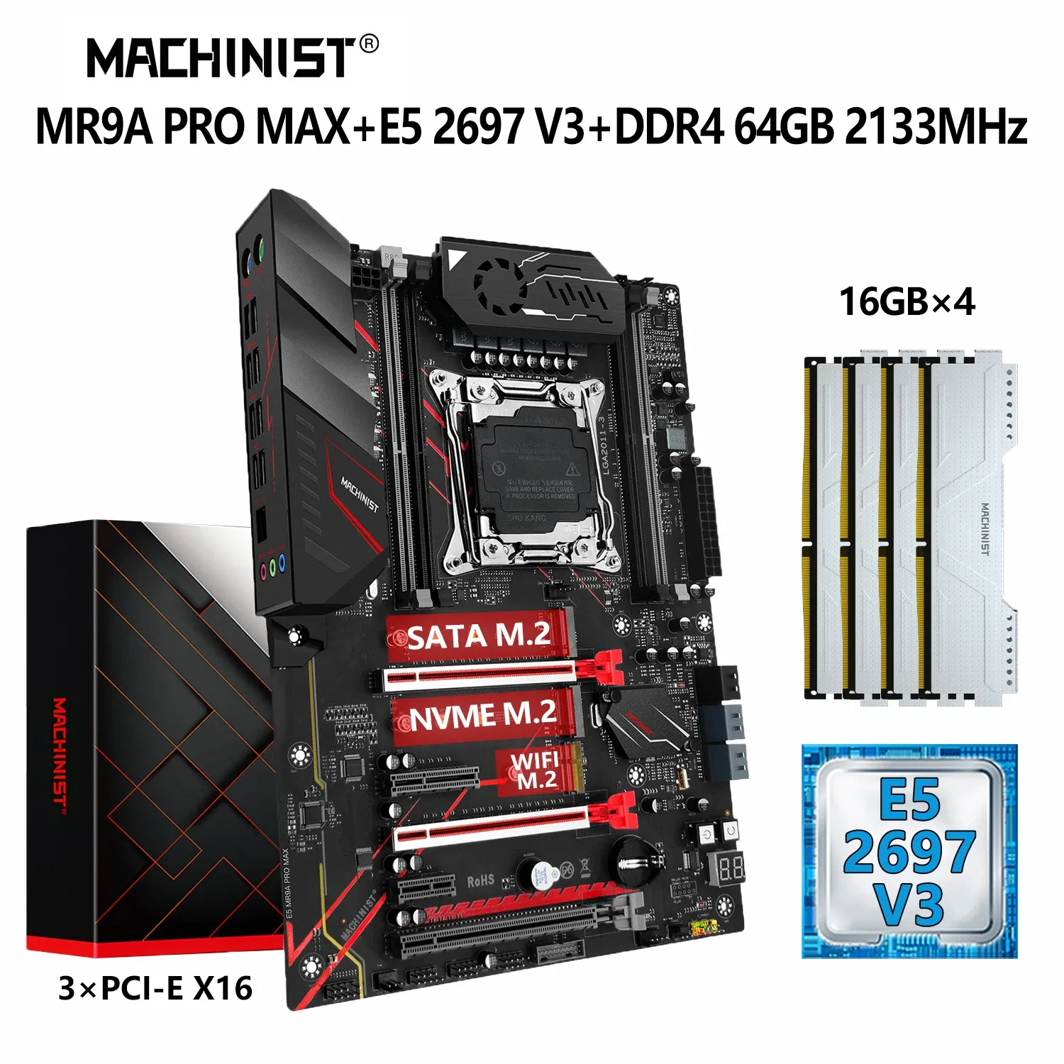 Motherboards MACHINIST X99 Motherboard Combo LGA 20113 Xeon E5 2697 V3 Kit CPU DDR4 4*16GB RAM 2133MHz NVME M.2 WiFi Four Channel MR9A PRO