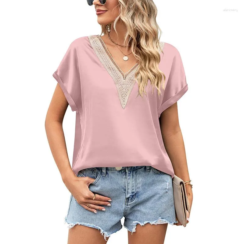 Frauenblusen Sommermodestil elegant Amazon V-Ausschnitt Spitze Satin Kurzarm Shirt Batwing Top Top
