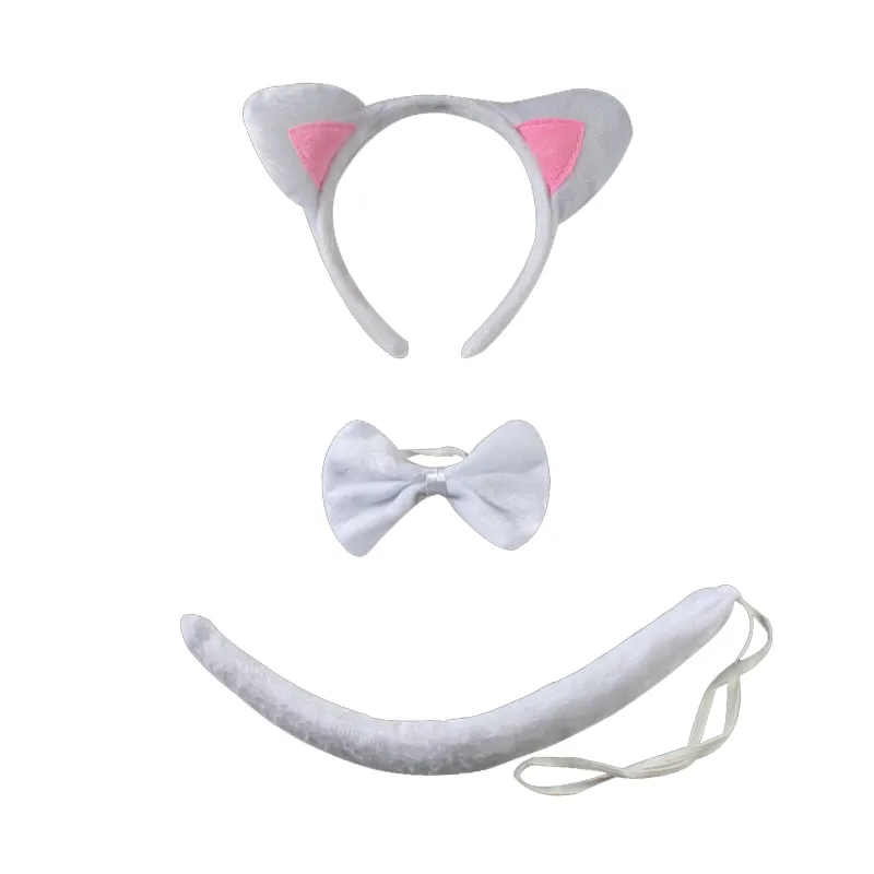 Set Cosplay Chat Mignon – Bandeau Oreilles Peluche + Collier Dentelle Avec Clochette – Blanc – Parfait Déguisement Fête Ou Photo
