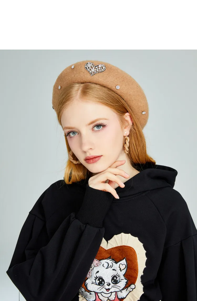 New Black Heart Rhinestones woolen Beautiful casual British painters beret hat Berets Hats: Woolen Painters Beret Hat With Rhinestone  main image 2