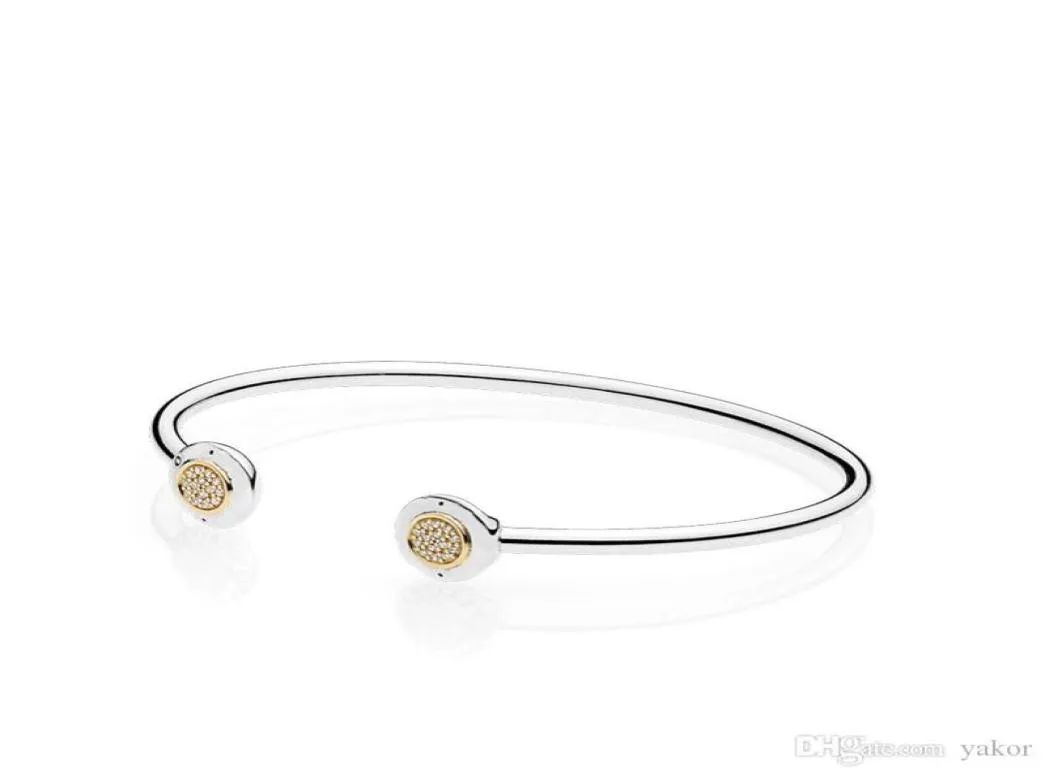 14K Yellow Gold CZ Diamond Disc Open Bangle Bracelet Ensemble de boîte d'origine pour P 925 Bracelets à manchette en argent sterling pour femmes2825818