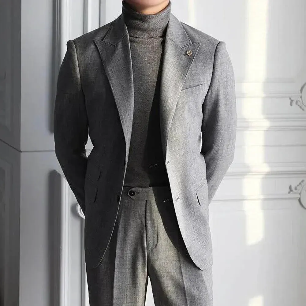 Highend Solid Men Suits Sray Fashion Lapel Single Breader Blazer Set Smart Casual Wedding Tuxedo Slim 2 Piece 240412