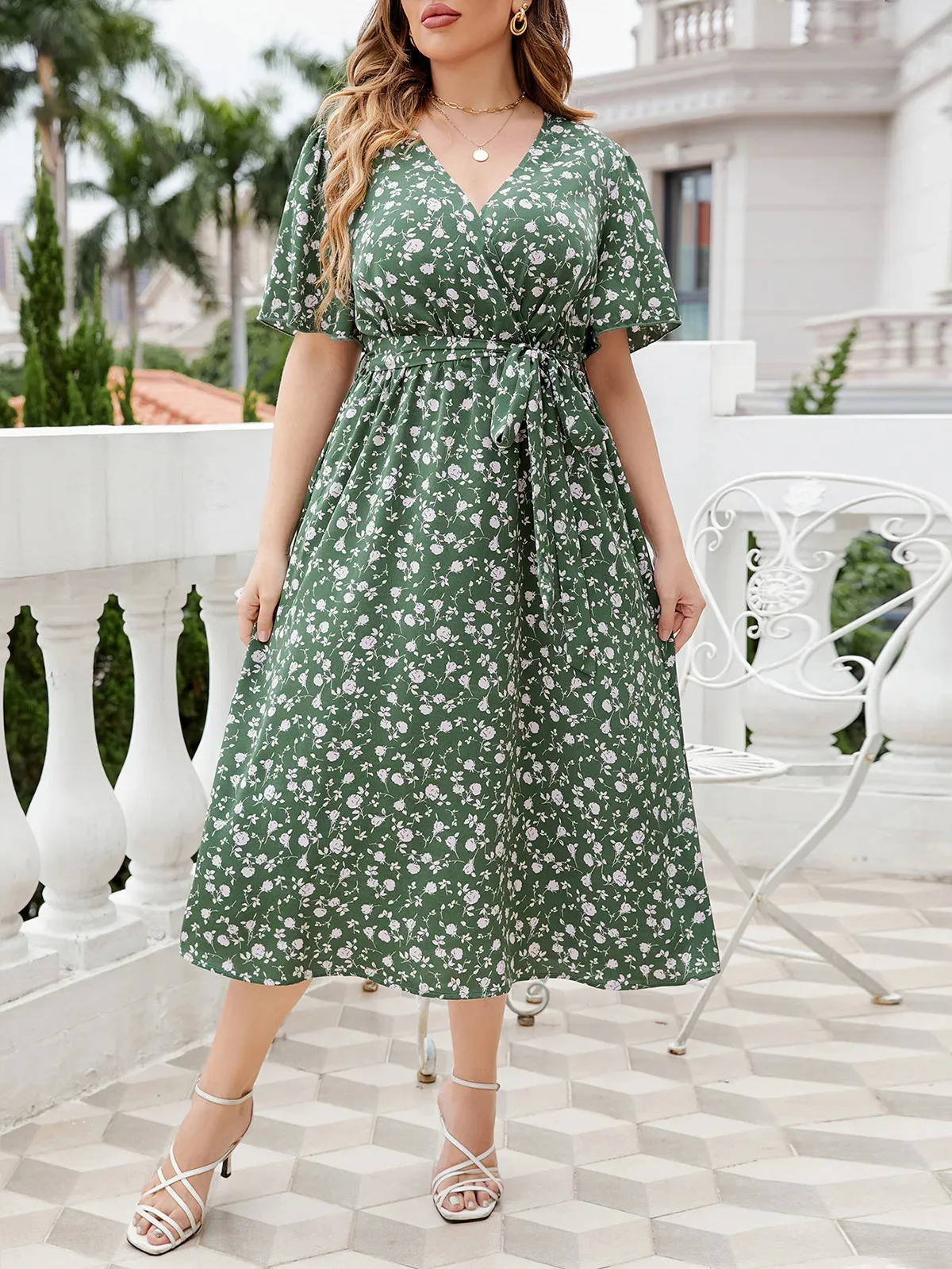 Plus Size Womens Dress Floral Print Elegant Short Sleeve Dresses Wrap Waist Belt V Neck Office Lady Robe Summer Green Clothing 240411