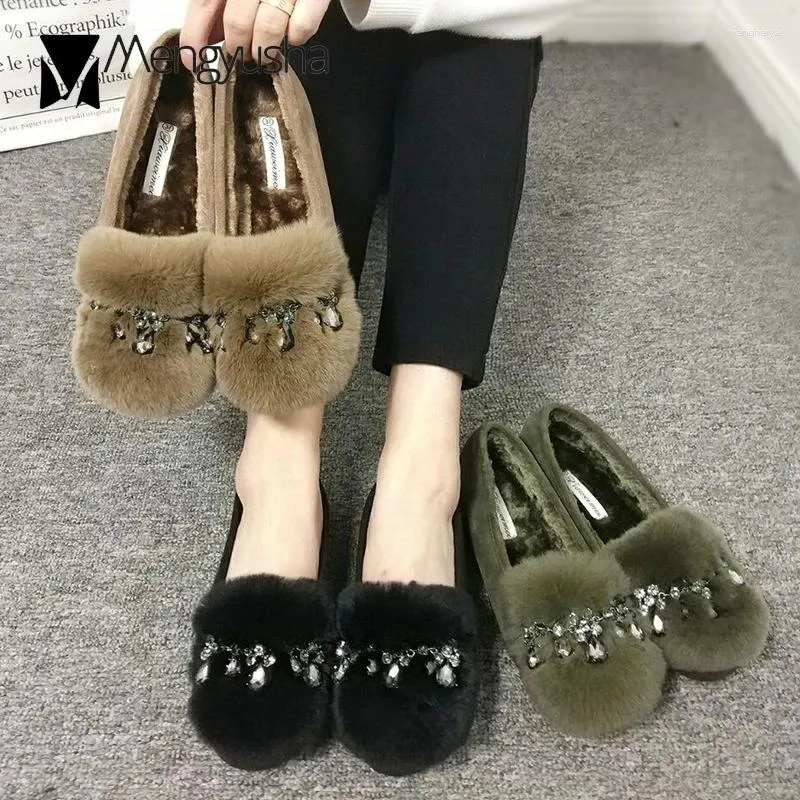 Casual Shoes Rhinestone Real Fur Fashion Mules Women Winter Plush Flats Bottom Creepers Mujer Crystal Furry Warm Loafers