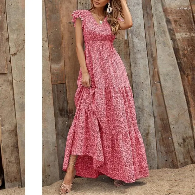 Casual Dresses Amazon Fashion Style V-neck Work Clothing Print Short Sleeve Waist-Controlled Long Dress Bohemian
