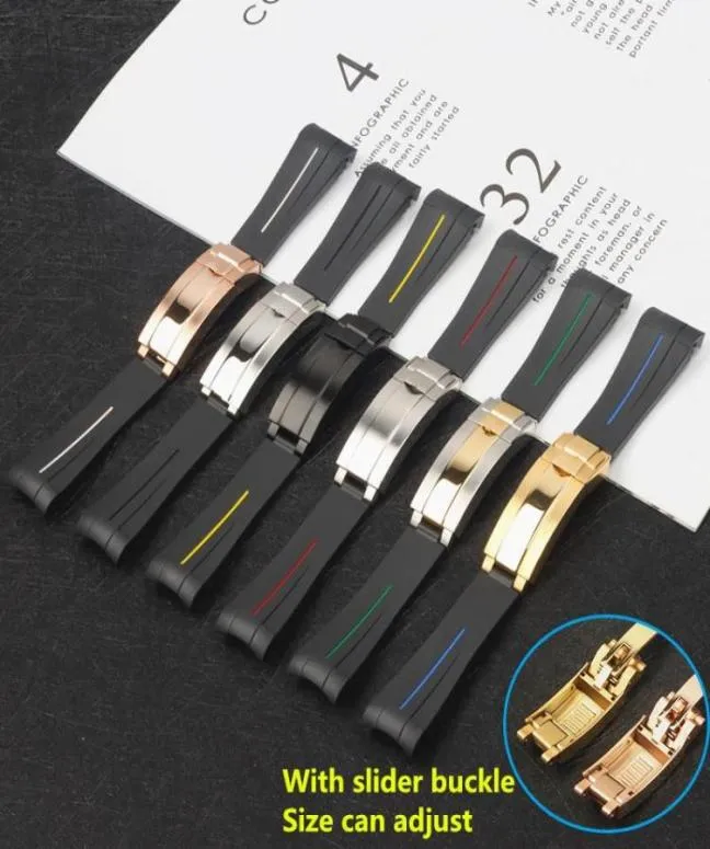 Titta på band 20mm svart krökt slut silikon gummi vaktband för rollband ubåt gmt armband glidelock lås kort version6015359