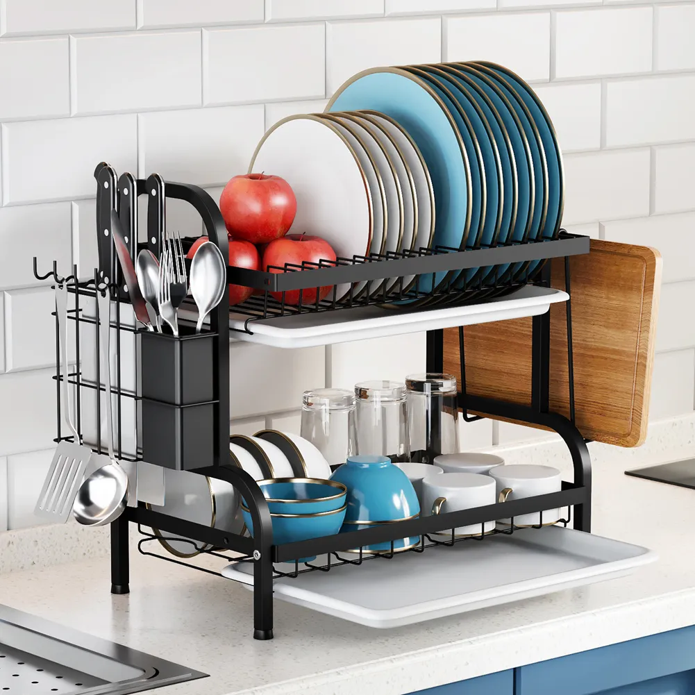Kitchen Vessel Rack 2 Tier Metal Dish Drainer Rack Large Capacity Bowl Drying Storage for ...