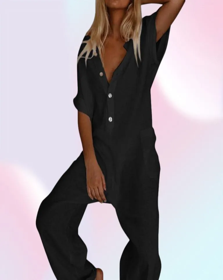 Zomer jumpsuit katoen linnen hoge kwaliteit losse dames jumpsuits mode casual overalls solide short mouw romper dames039s 8616765