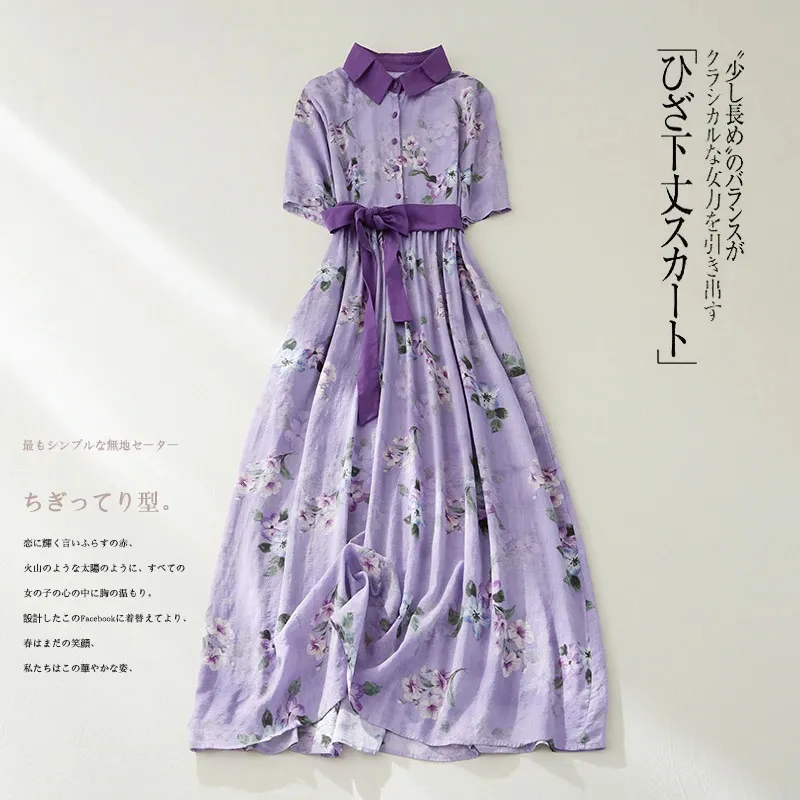 Limiguyue Purple Maxi Dress Summer Women Flower Print Ethnic Vintage Ankle Turndown Neck High midje Sashes Vestidos J558 240412