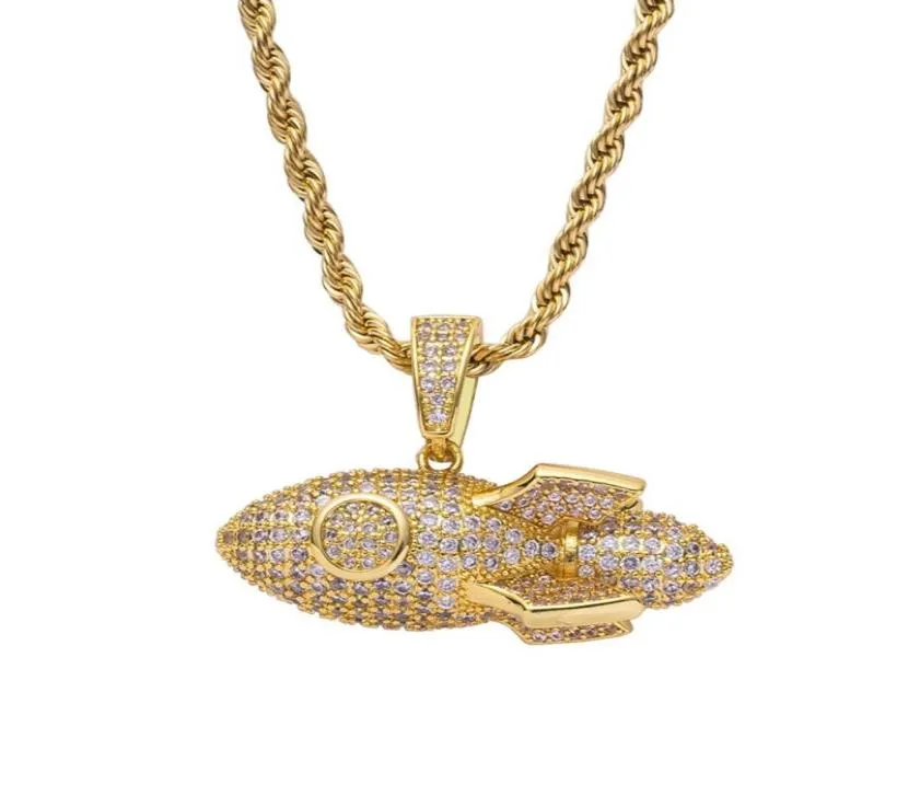 New Men039s Cool Golden Rocket Iced Out Pendant Collier Fashion Hip Hop Rock Bijoux avec chaîne de corde pour Gift8827185