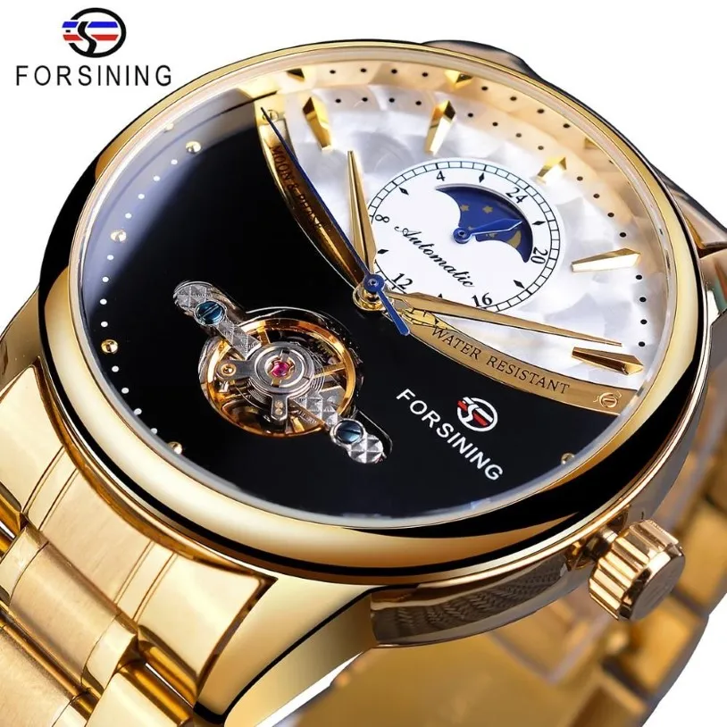 Erkekler İzliyor Otomatik Altın Güneş Ay Faz Çelik Band Tourbillon Siyah Beyaz Yüz İş Mekanik Reloj hombre 2019305j