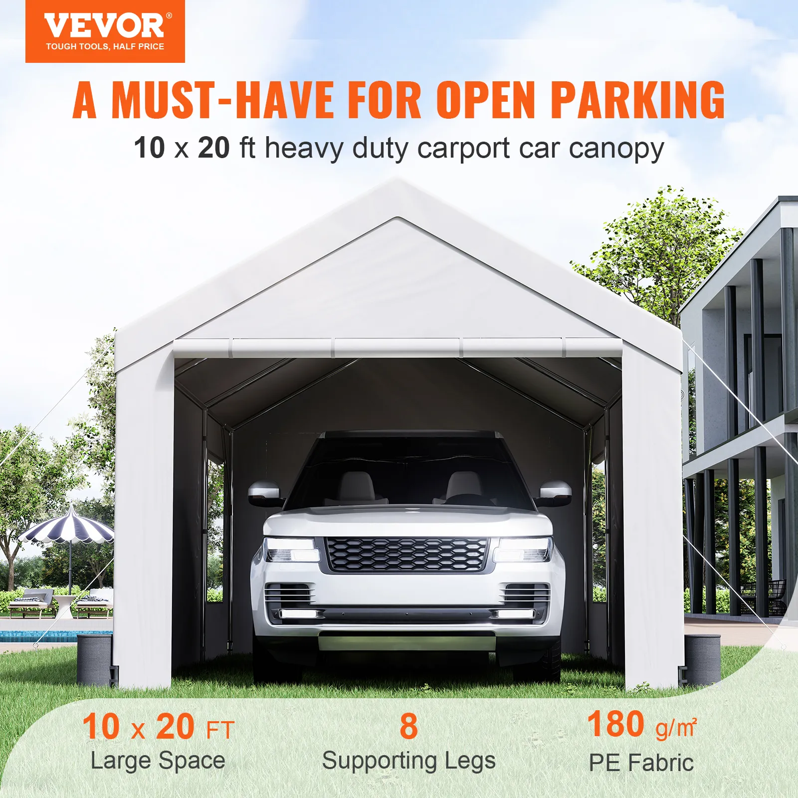 VEVOR Carport 10x20ft/12x20ft Heavy Duty Car Canopy Waterproof Garage with Roll-up Ventilated Windows & Removable Sidewalls