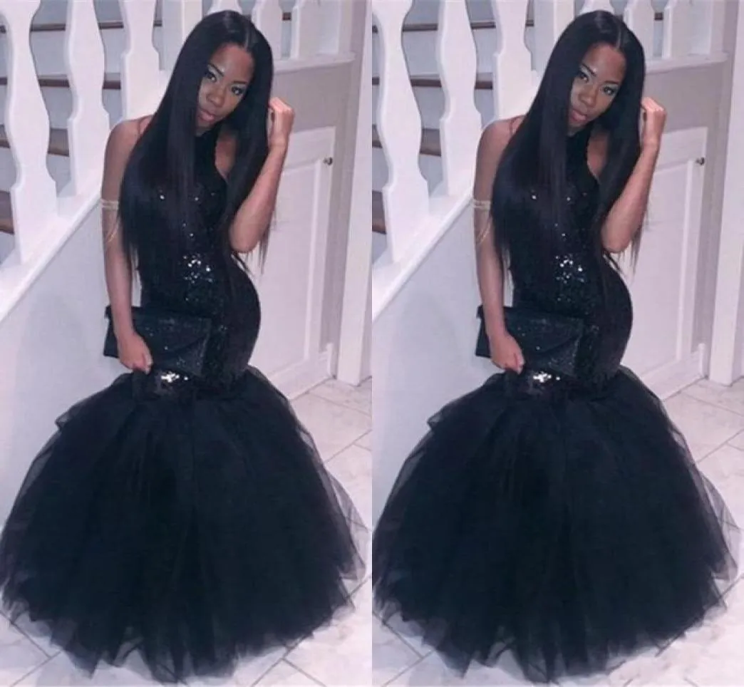 Sexy pas cher noir longue sirène robes de bal paillettes étincelantes licou halte sans taille plus taille de fête formelle robe de soirée vestios9837290