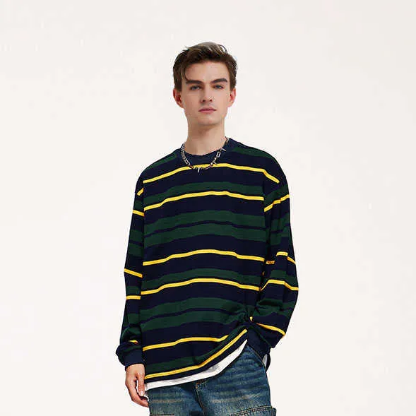 Hurtownia Niestandardowa 100% bawełniana 300 g wagi ciężkiej Unisex Stripe z długim rękawem Hip Hop High Street Style Ogólna koszulka dla mężczyzn