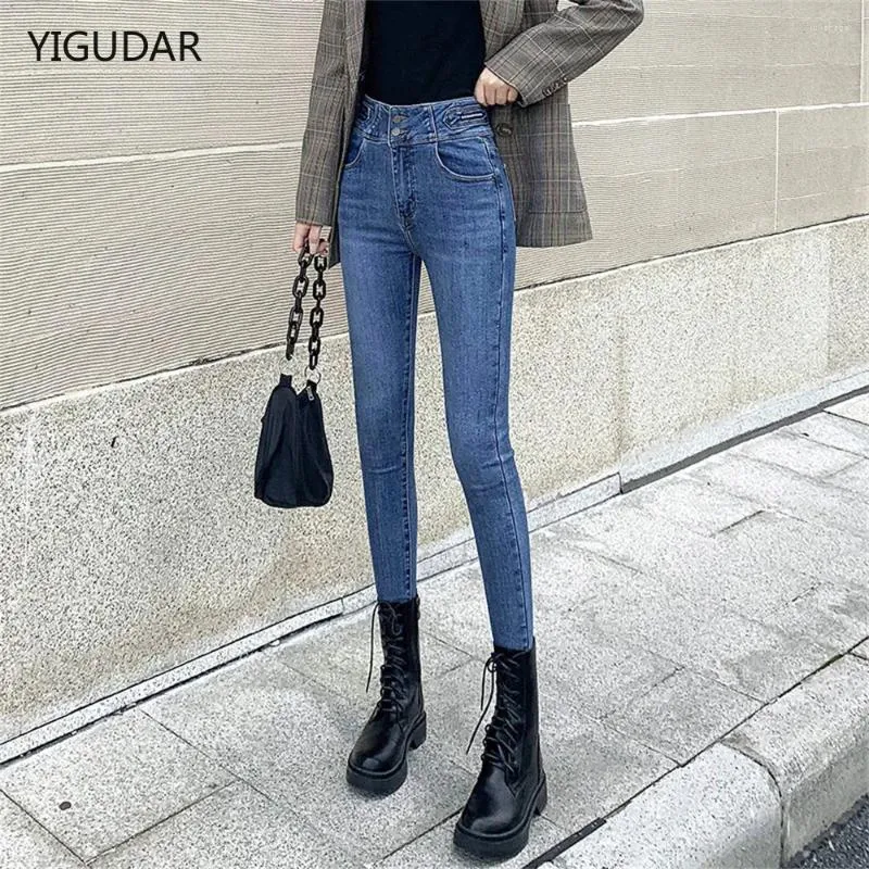 Jeans pour femmes pour femmes maman bleu femme noire haute élastique élastique femelle lavée denim skinny pantalon crayon taille 31