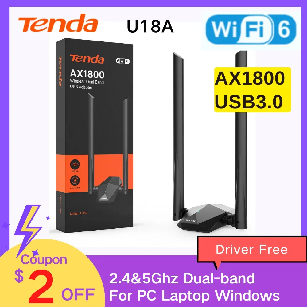 Karten USB WiFi -Adapter WiFi 6 AX1800 Dualband Tenda Network Card 1800 Mbit / s USB3.0 5dbi -Antennen 2.45 g Wireless Adapter für PC -Laptop