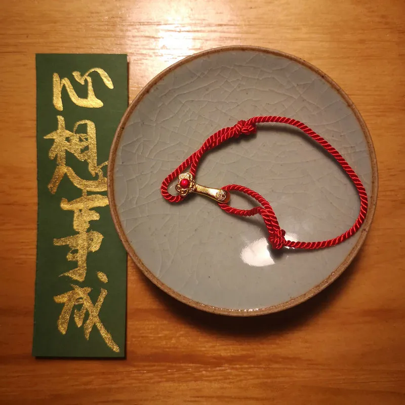 Chinese Symbol Braided Rope Wrist Strap with Golden Ruyi Charms and Red ...
