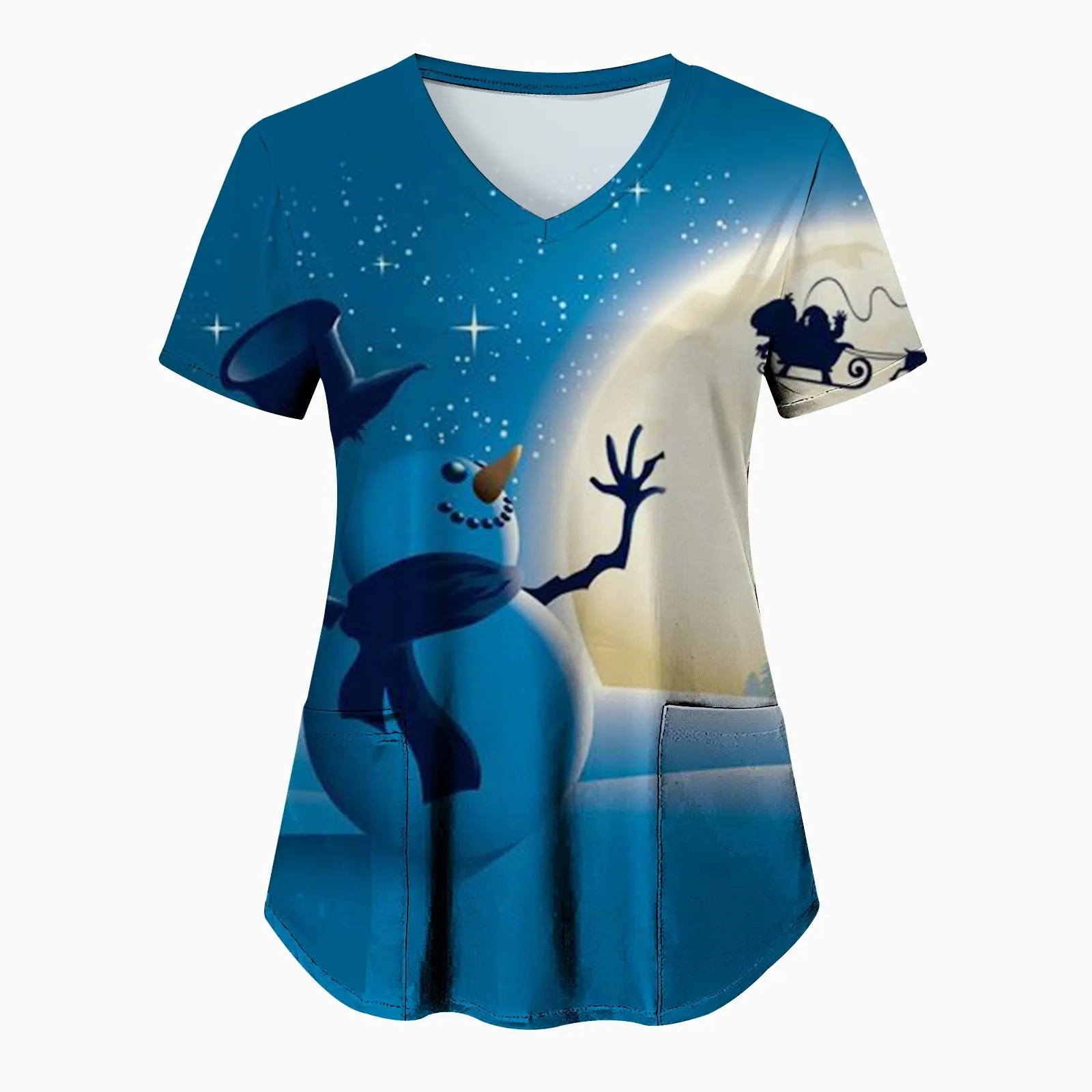 Christmas Nurse Uniforme Femmes 3D Snowman Imprimez les poches à manches courtes