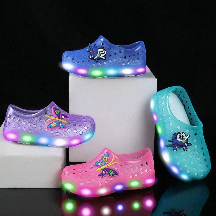 sandals kids slides slippers beach LED lights shoes buckle outdoors sneakers size 19-30 U0bm#