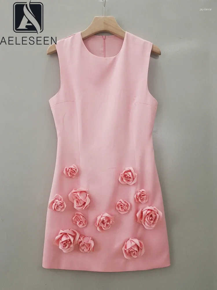 Casual Dresses AELESEEN Women's Tank Dress Spring Summer Sleeveless Pink Red Black 3D Appliques Flower Embroidery Slim Holiday Vacation