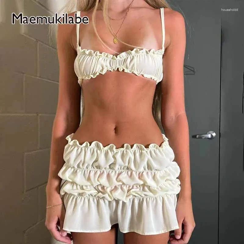 Arbeitskleider Maemukilabe Fairy 2 -Stück -Röcke Outfits Frills Spaghetti -Gurt Cami Crop Tops Riched Minirock Frauen Y2K Vintage Streetwear