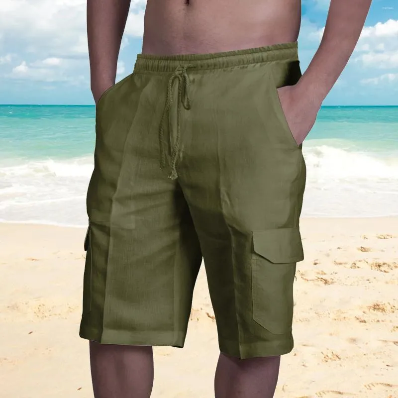 Herr shorts casual sport linnen fast färg multi-väska modetrend bundna strandlastbyxor