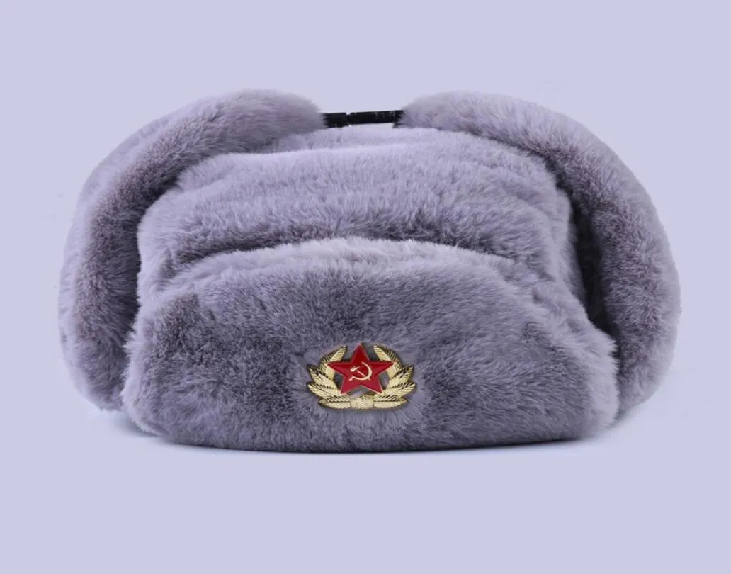 Distintivo sovietico USHANKA Uomini russi Donne Cappelli invernali Fuce coniglio Furia Bomber militare Cappello Cappuccio di Sanno da sci.