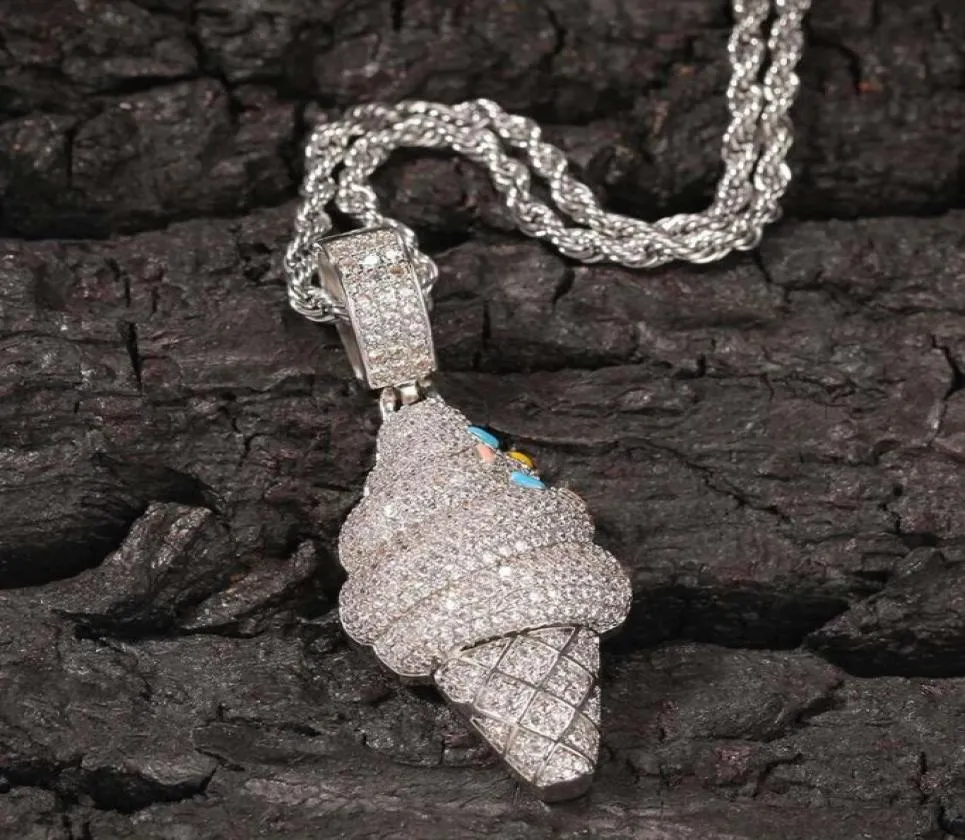 Collana a ciondolo con a cono gelato ghiacciato per uomini donne designer di lusso hip hop bling diamond dessert pendenti gioielli a catena d'argento8773992