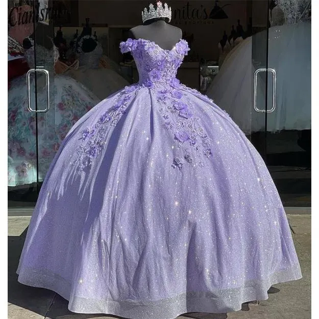 Fantastisk lila bollklänning quinceanera klänningar 3D -applikationer pärlor laceup bak golvlängd prom aftonkolor mexikanska flickor vestid2759352